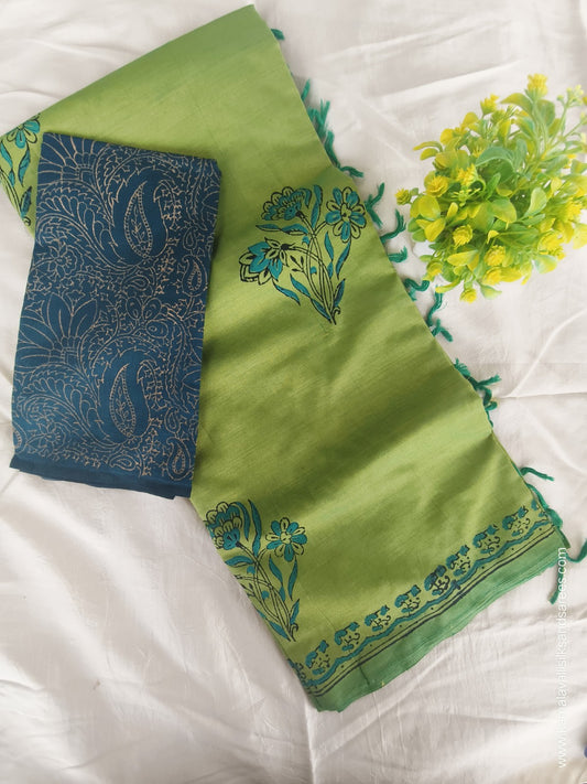 South Cotton Mix Block Printed Saree light Green Colour with Dark Green colour contrast blouse