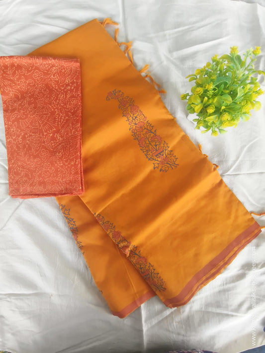 South Cotton Mix Block Printed Saree Mango Colour with Orange colour contrast blouse