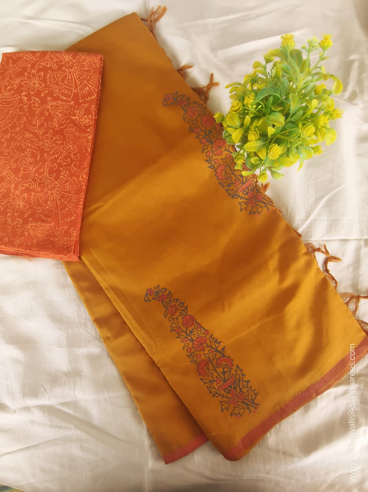 South Cotton Mix Block Printed Saree Mustard Colour with Orange colour contrast blouse