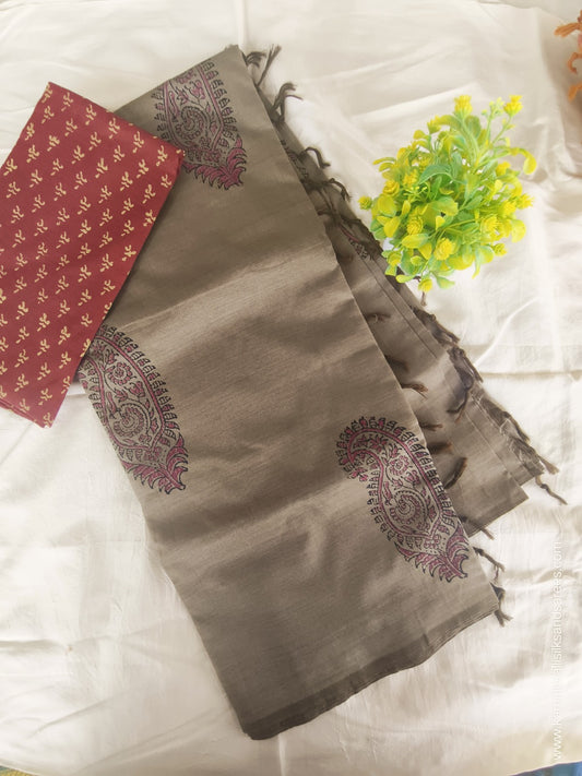 South Cotton Mix Block Printed Saree Grey Colour with Brown colour contrast blouse