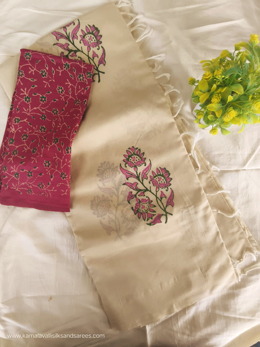 South Cotton Mix Block Printed Saree half white with Rose colour contrast blouse