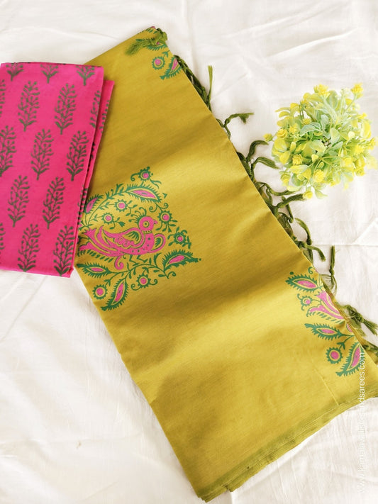 South Cotton Mix Block Printed Saree green colour with Rose Colour blouse