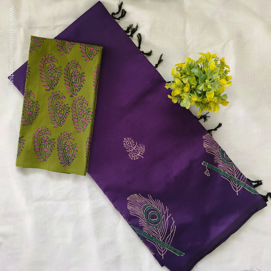 South Cotton Mix Block Printed Saree Indigo colour with Green Colour Contrast blouse