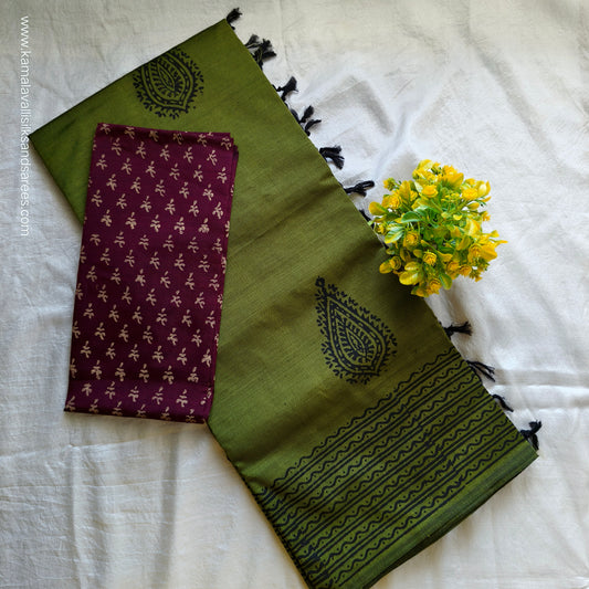 South Cotton Mix Block Printed Saree Green colour with Brown colour blouse
