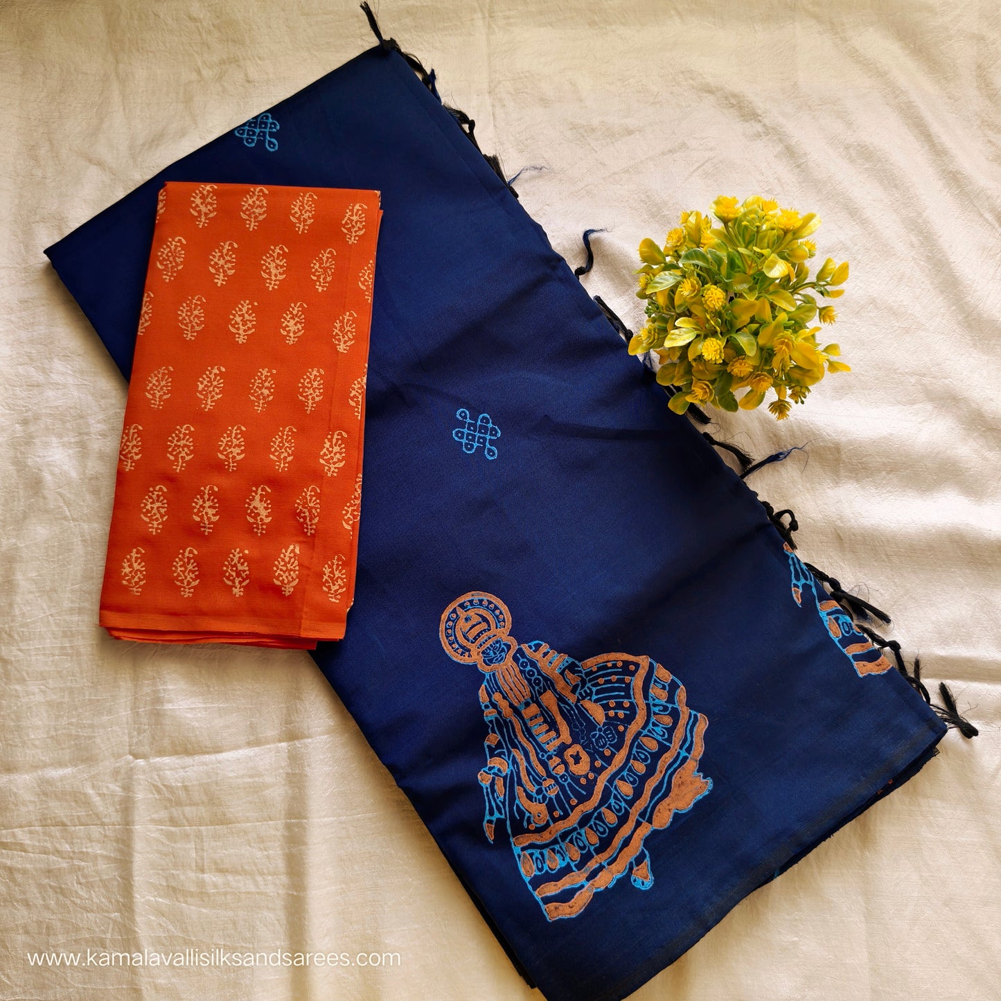 South Cotton Mix Block Printed Saree Royal Blue Colour with Orange colour contrast blouse