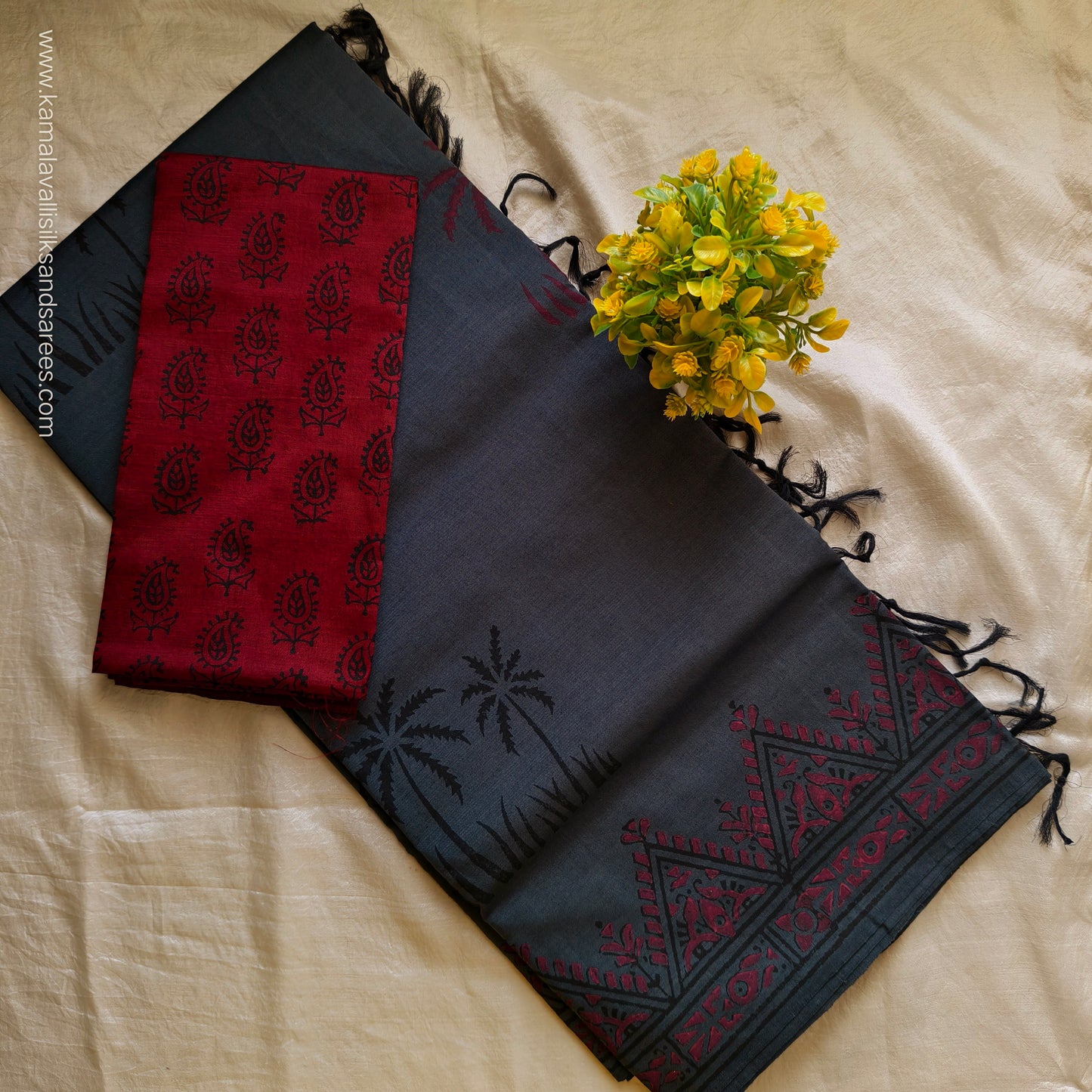 South Cotton Mix Block Printed Saree Charcoal colour with Red colour contrast blouse