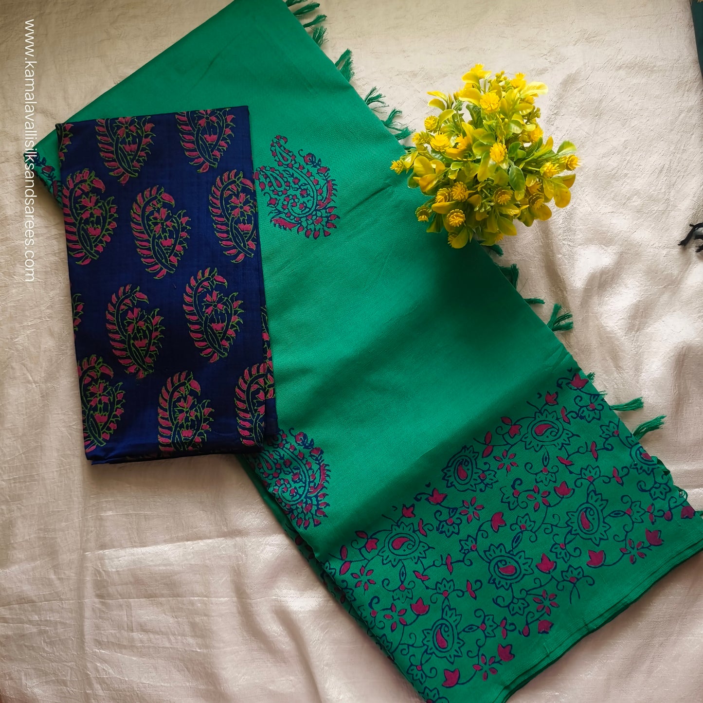 South Cotton Mix Block Printed Saree Copper Sulphate Green Green colour with Blue colour blouse