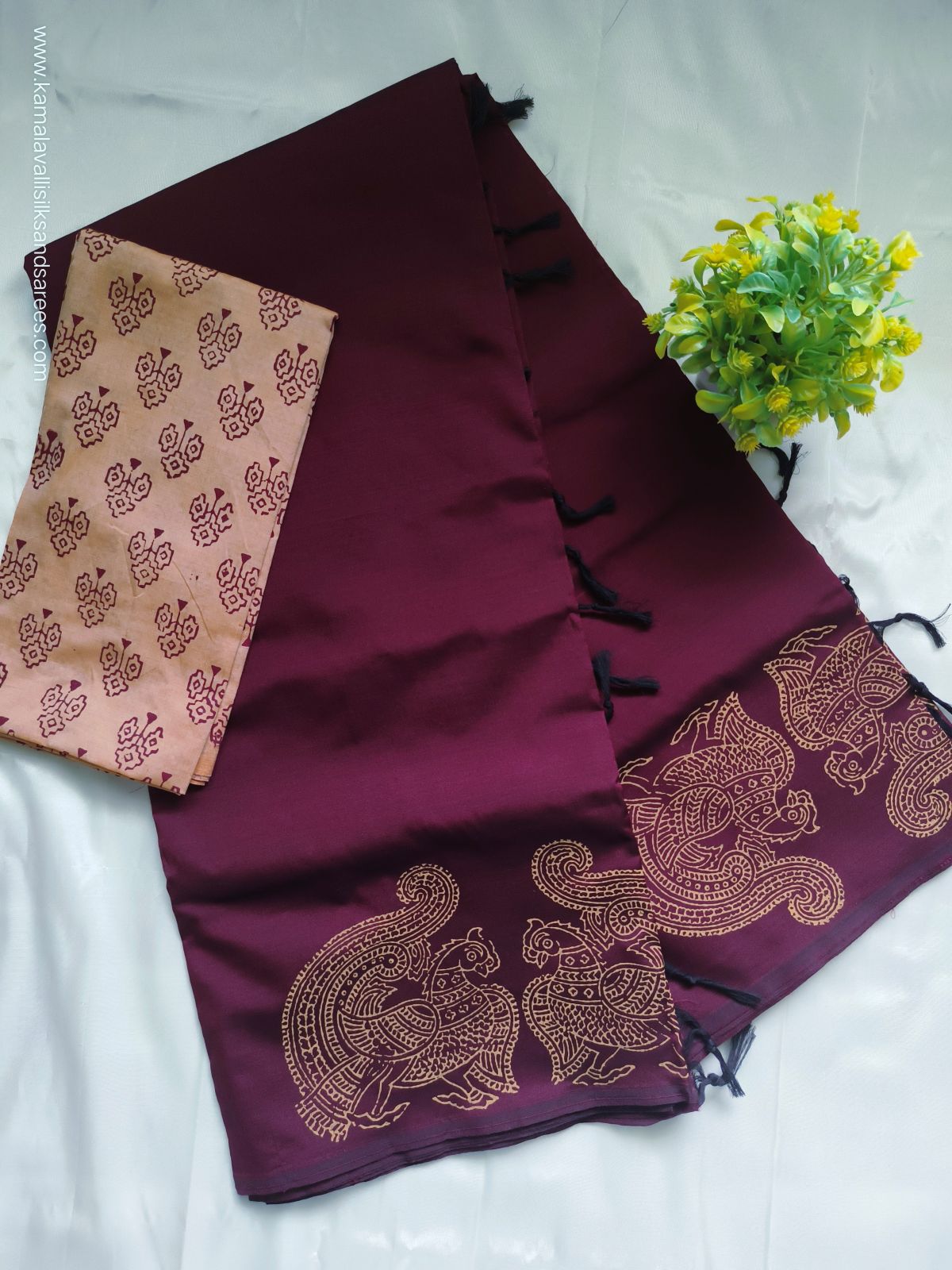 South Cotton Mix Block Printed Saree Maroon colour with additional contrast blouse