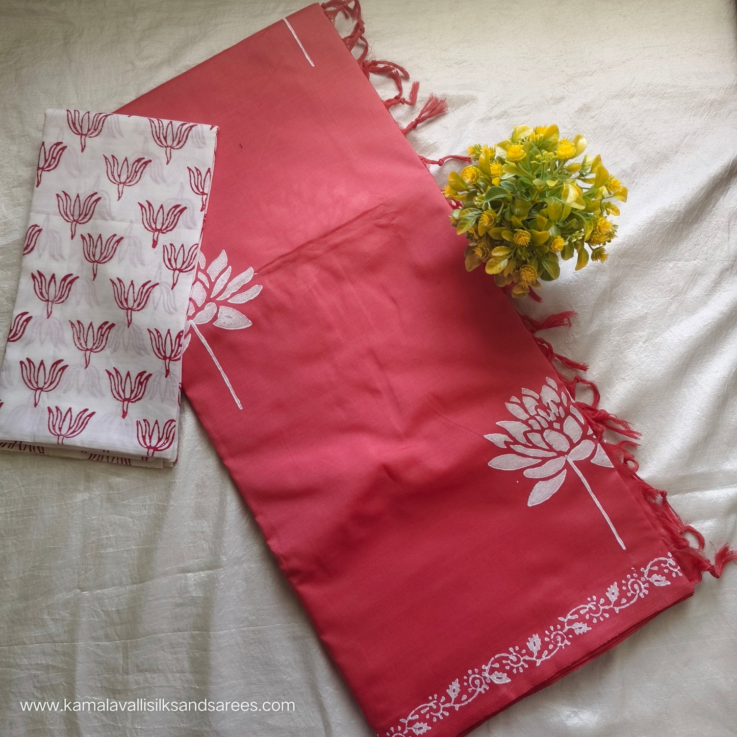 South Cotton Mix Block Printed Saree Pinkish Red colour with white colour blouse