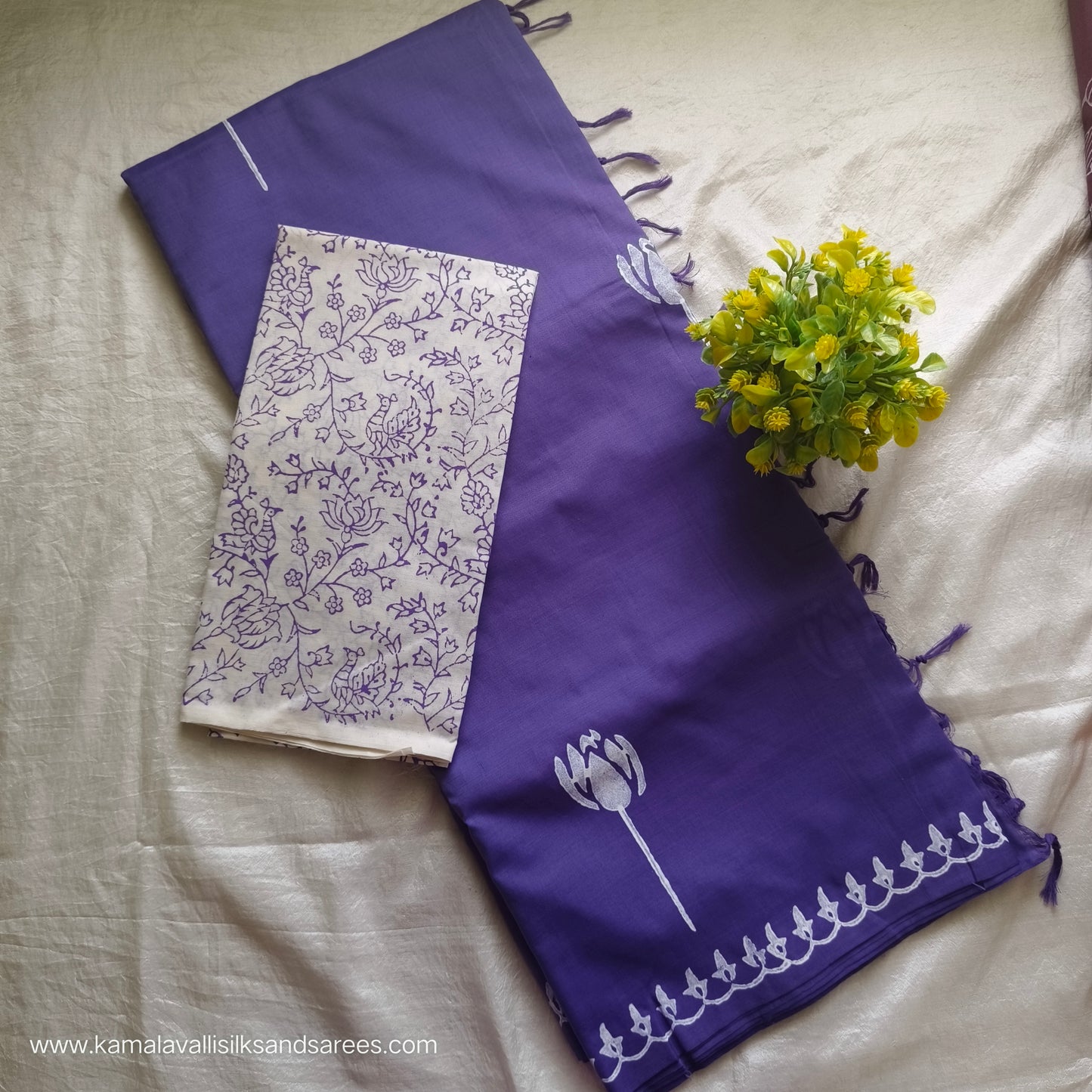 South Cotton Mix Block Printed Saree Blue colour with White and Blue colour blouse