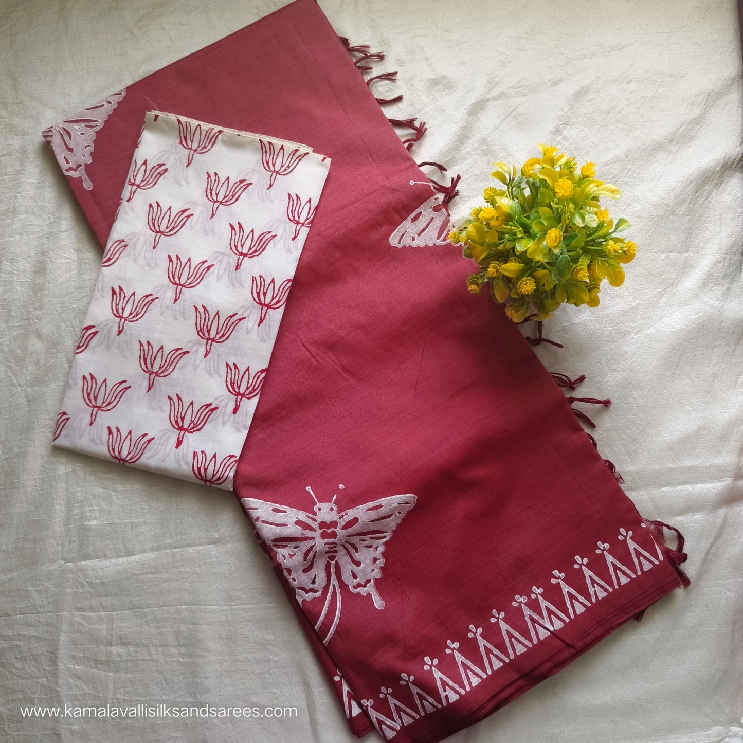 South Cotton Mix Block Printed Saree Onion Red colour with white colour blouse