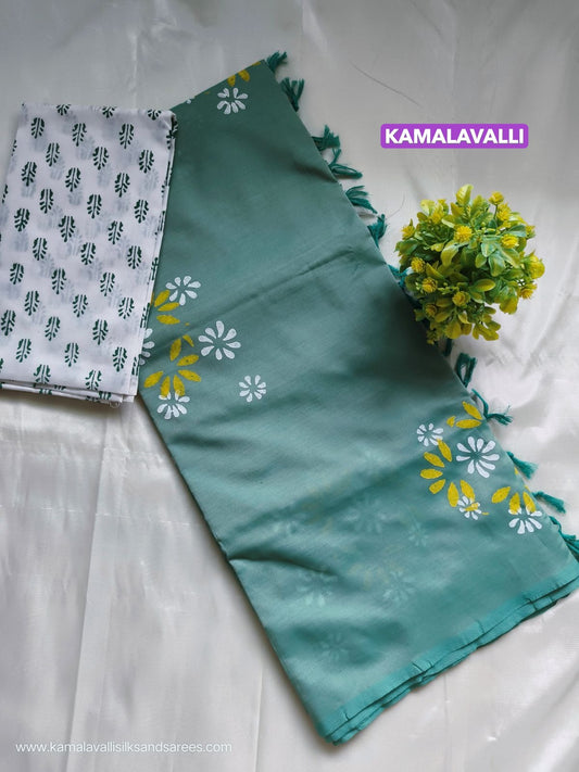 South Cotton Mix Block Printed Saree Pastel Green colour with white and green colour blouse