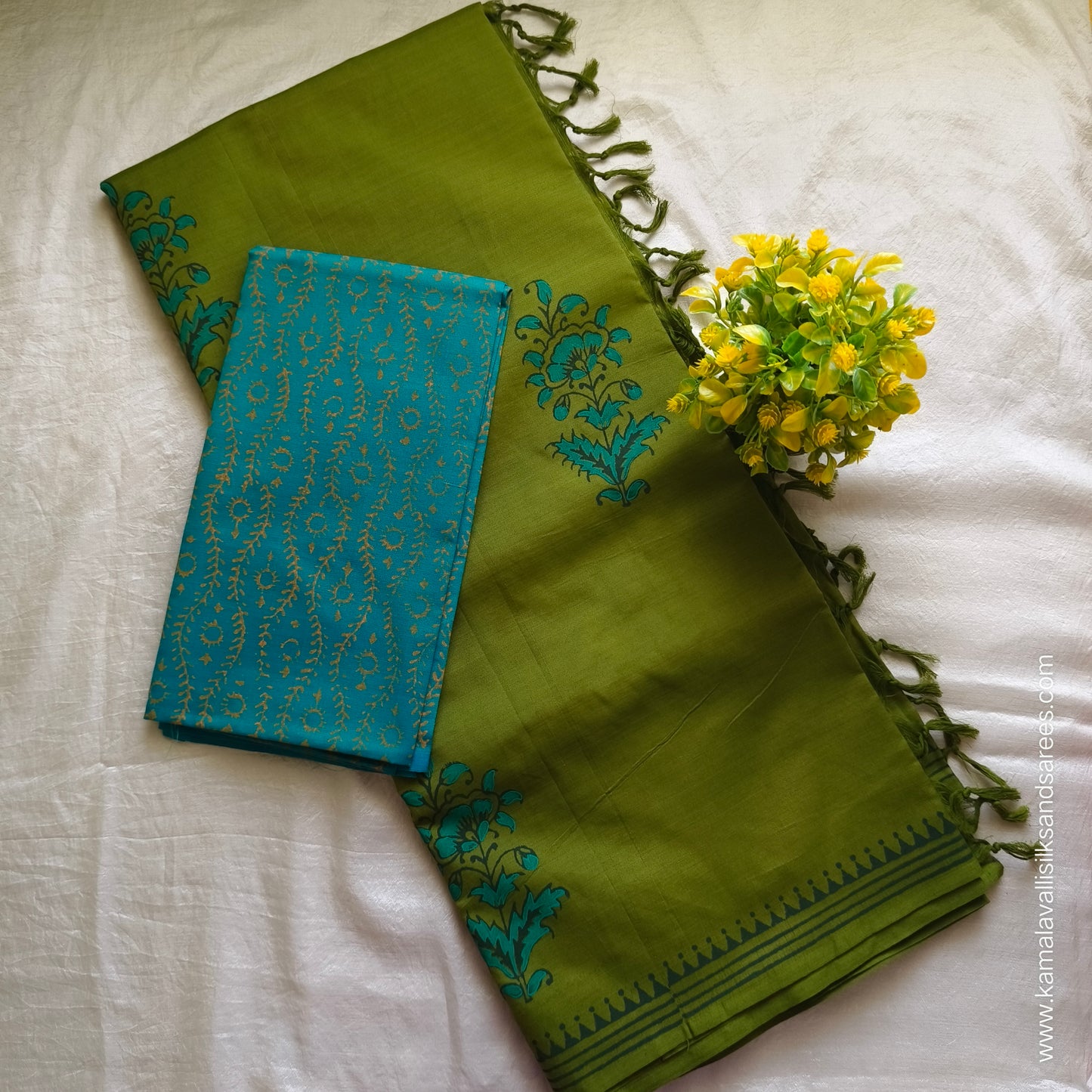South Cotton Mix Block Printed Saree Green colour with Copper sulphate Blue colour blouse