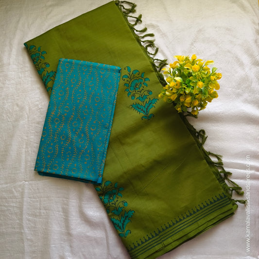 South Cotton Mix Block Printed Saree Green colour with Copper sulphate Blue colour blouse