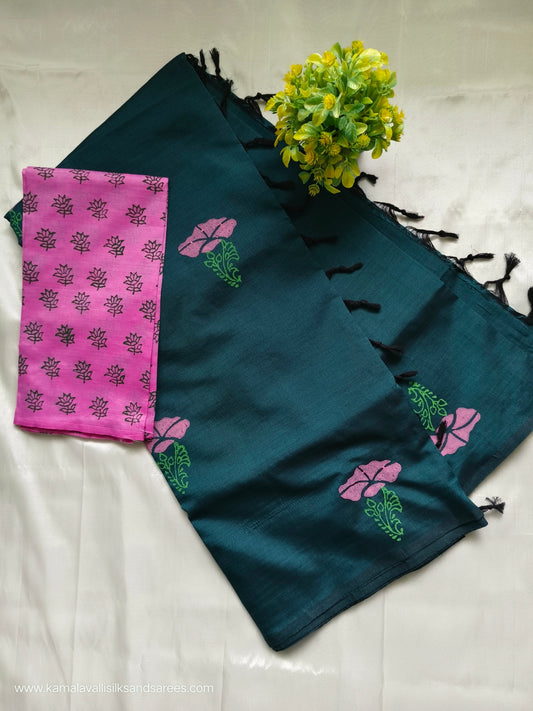 South Cotton Mix Block Printed Saree blueblack colour with Sandal colour contrast blouse
