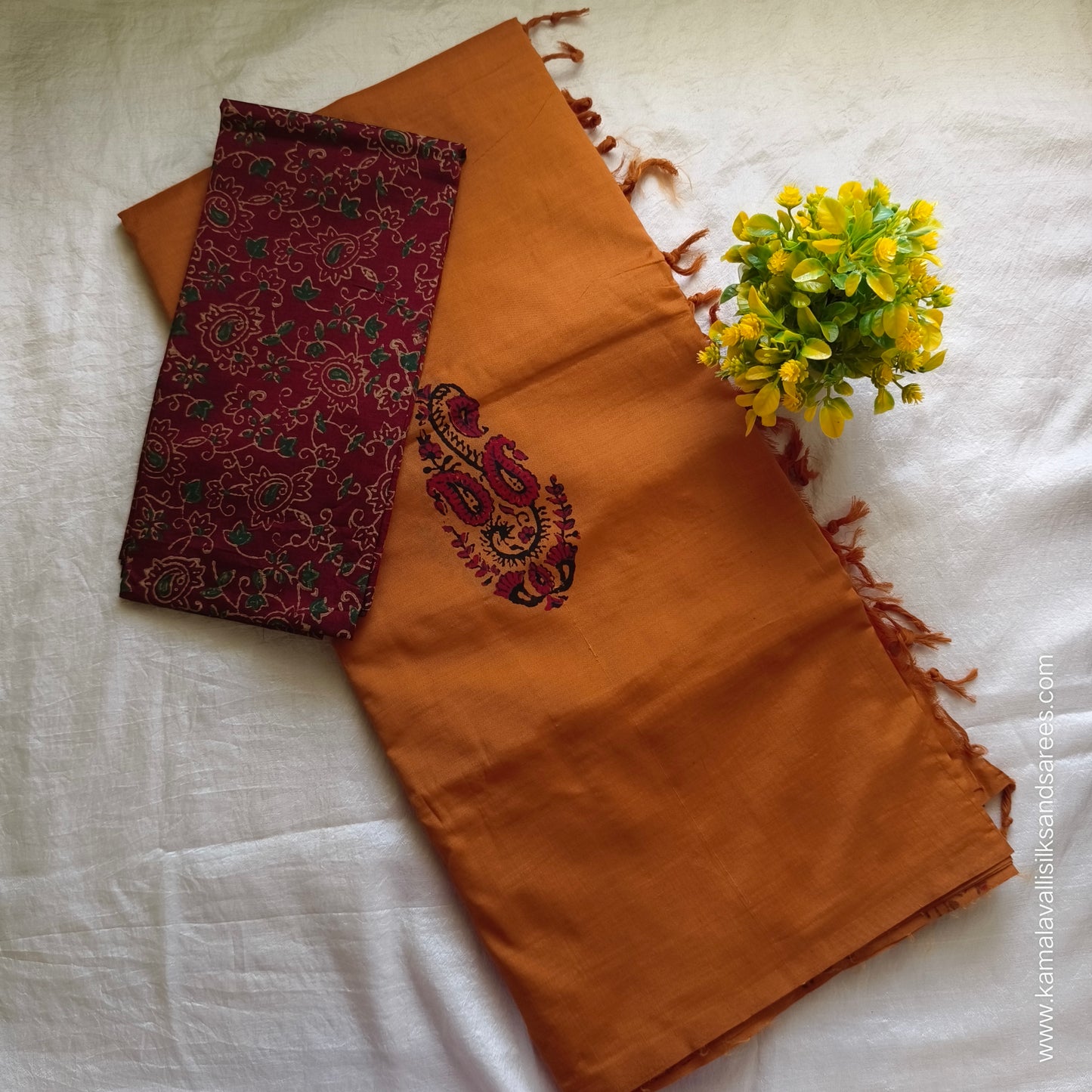 South Cotton Mix Block Printed Saree Orange colour with Brown colour blouse