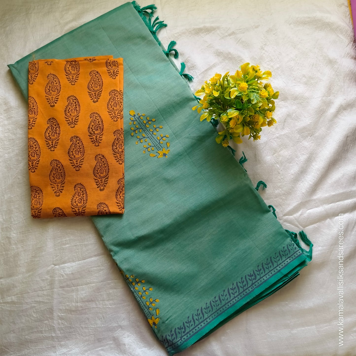 South Cotton Mix Block Printed Saree Pastel Green Colour with Yellow colour contrast blouse