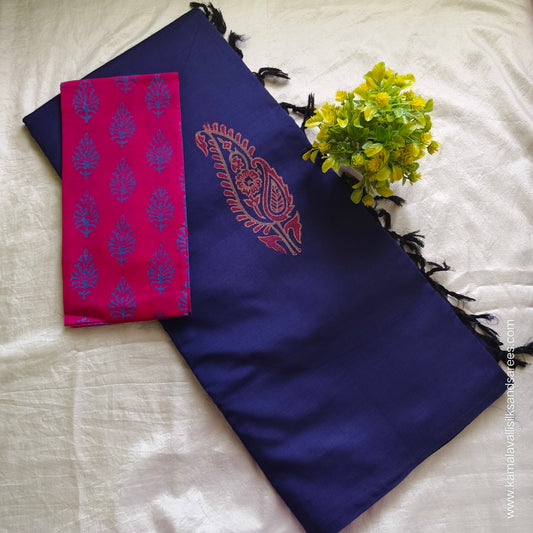 South Cotton Mix Block Printed Saree Royal Blue colour with Rose colour contrast blouse