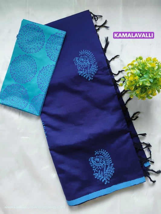 South Cotton Mix Block Printed Saree Blue Colour with Sky Blue colour contrast blouse