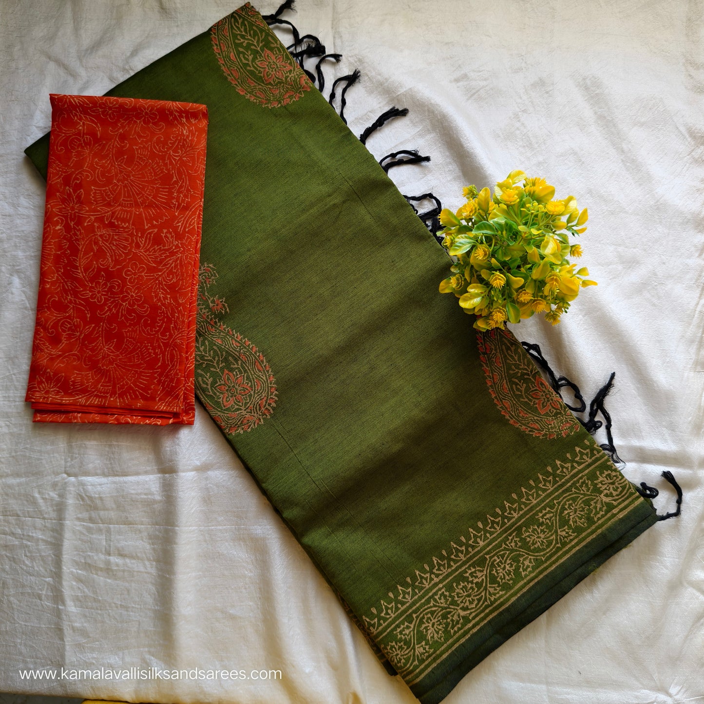 South Cotton Mix Block Printed Saree Green colour with Orange colour blouse
