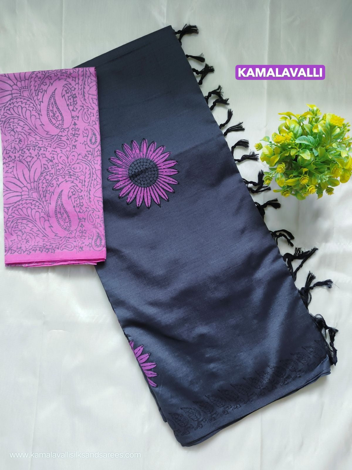 South Cotton Mix Block Printed Saree Grey Colour with Pink colour contrast blouse