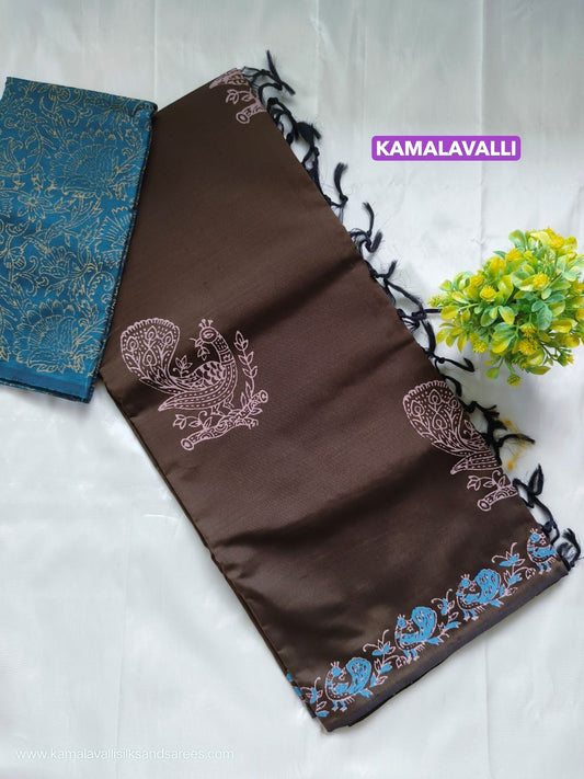 South Cotton Mix Block Printed Saree Pine Cone Colour with Blue colour contrast blouse