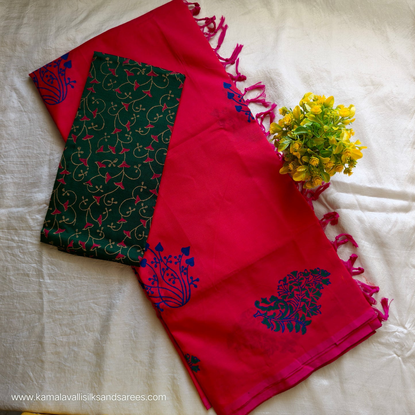 South Cotton Mix Block Printed Saree  Red Colour with Green colour contrast blouse