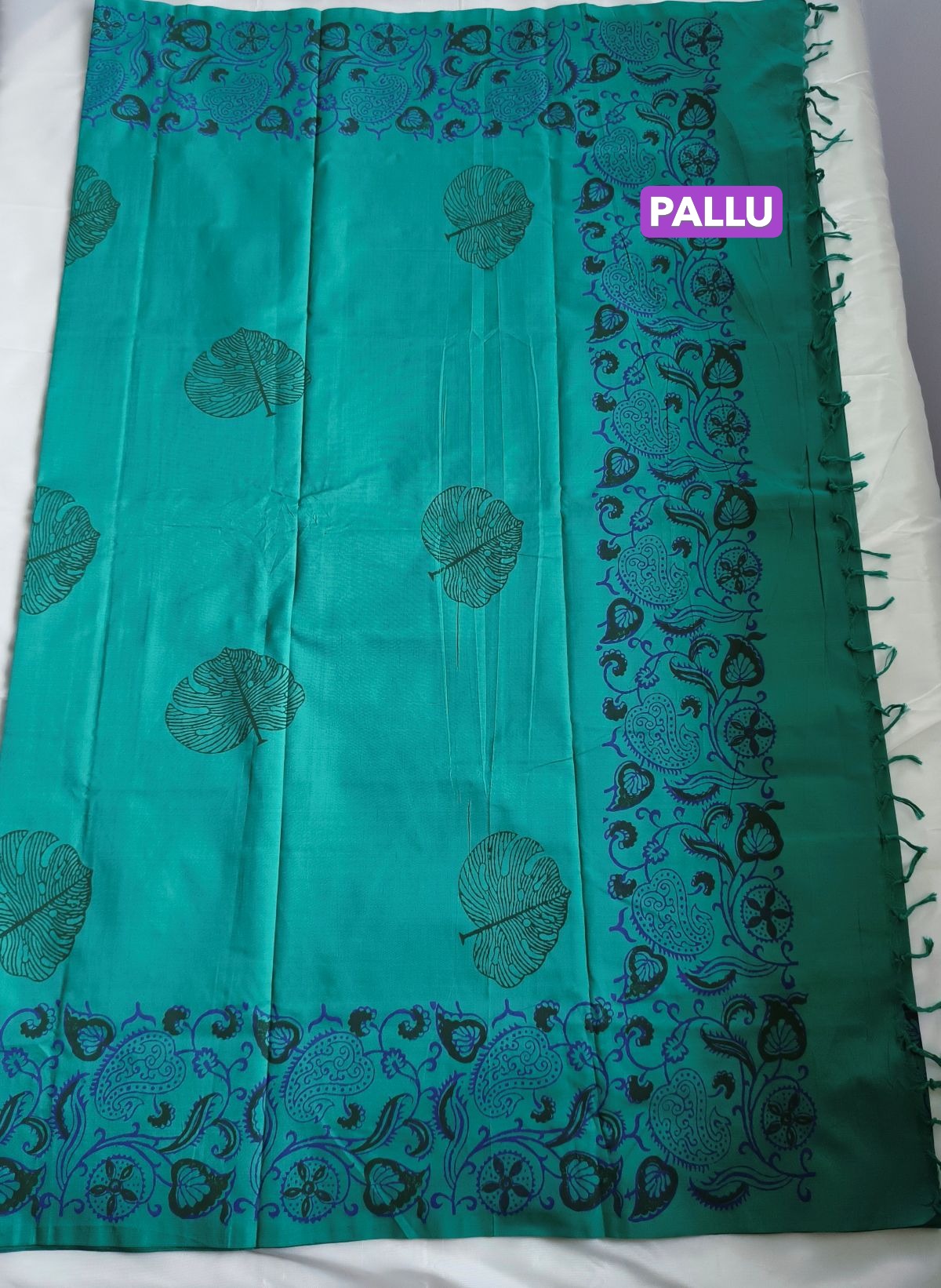 South Cotton Mix Block Printed Saree Teal Colour with Purple colour contrast blouse