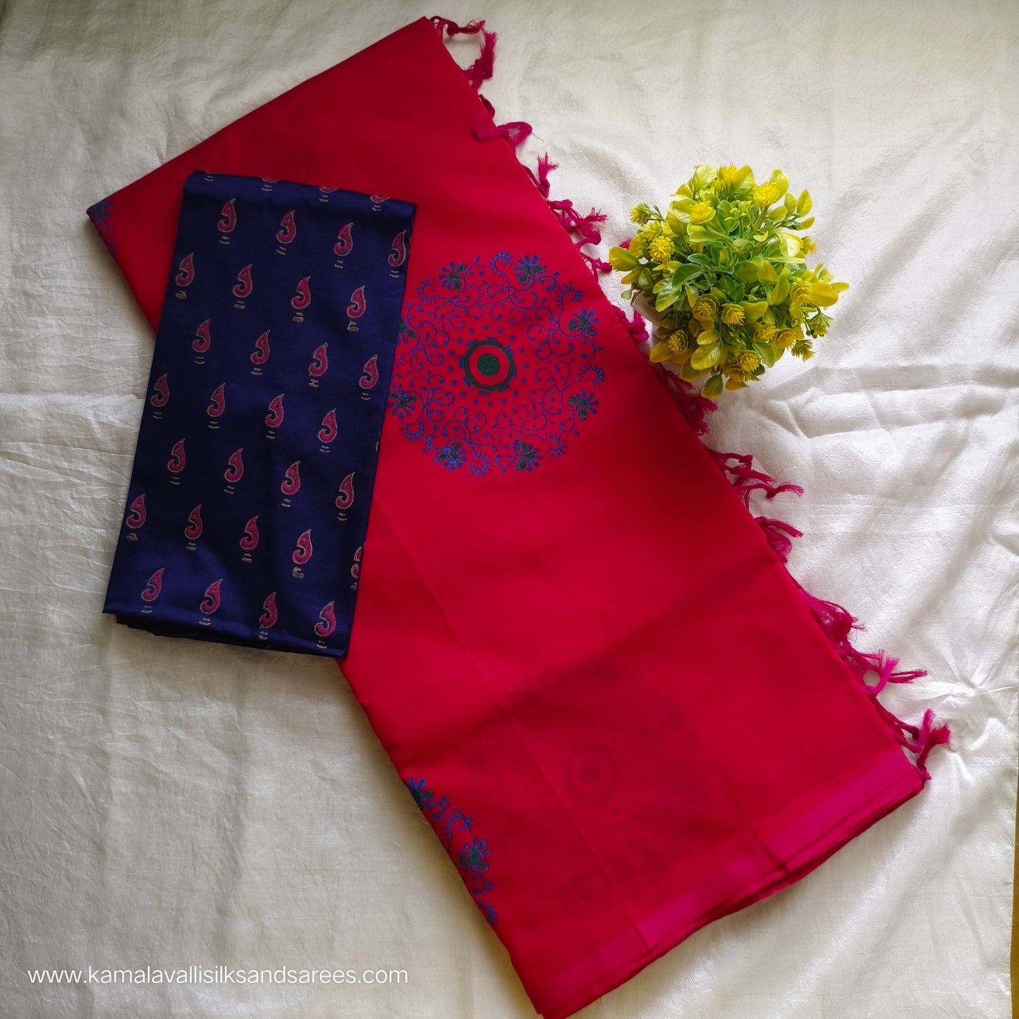 South Cotton Mix Block Printed Saree Red colour with Blue colour blouse