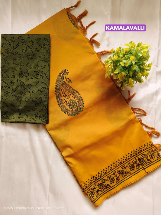 South Cotton Mix Block Printed Saree Yellow Colour with Green colour contrast blouse