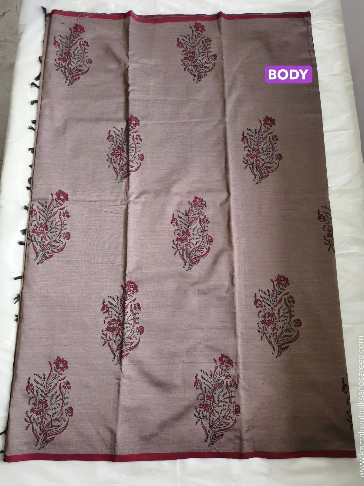 South Cotton Mix Block Printed Saree Cinerous Colour with Maroon colour contrast blouse