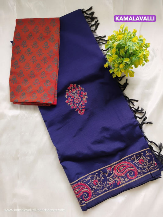 South Cotton Mix Block Printed Saree Blue Colour with Orange colour contrast blouse