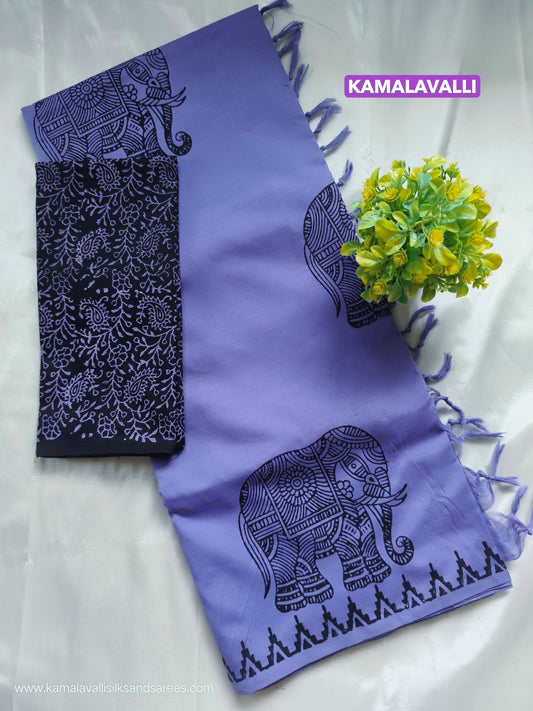 South Cotton Mix Block Printed Saree Blue Colour with Black colour contrast blouse