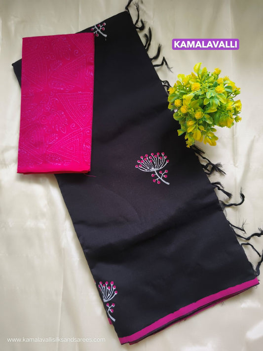 South Cotton Mix Block Printed Saree Black Colour with Rose colour contrast blouse