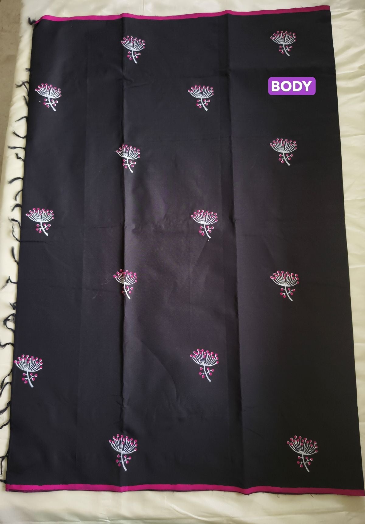 South Cotton Mix Block Printed Saree Black Colour with Rose colour contrast blouse