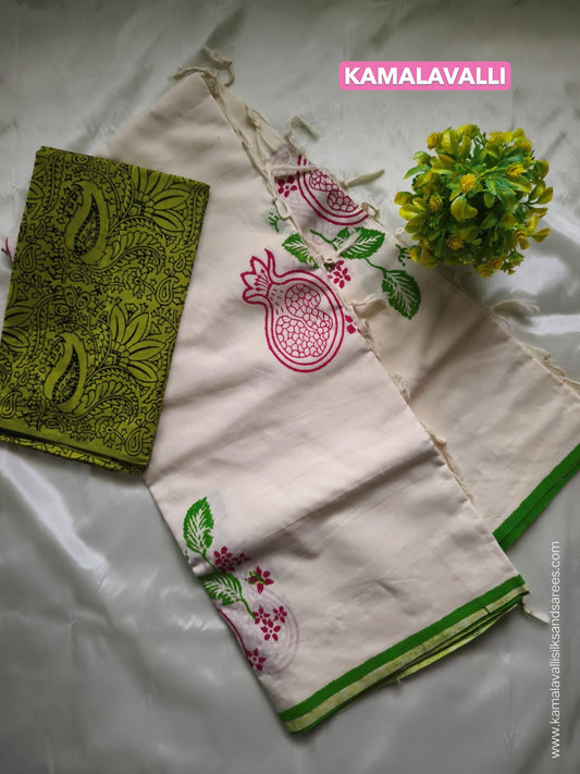 South Cotton Mix Block Printed Saree White colour with Green colour contrast blouse