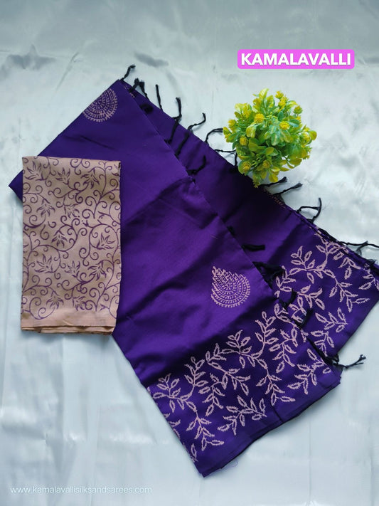 South Cotton Mix Block Printed Saree Purple colour with Sandal colour contrast blouse