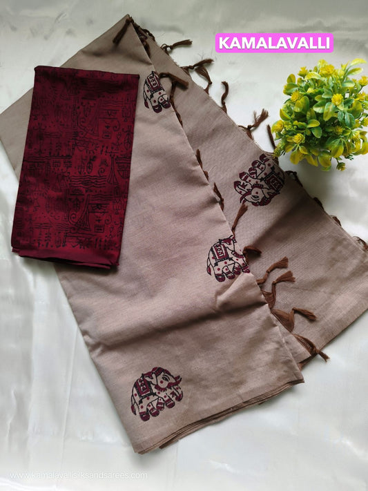 South Cotton Mix Block Printed Saree Cinereous colour with Maroon colour contrast blouse