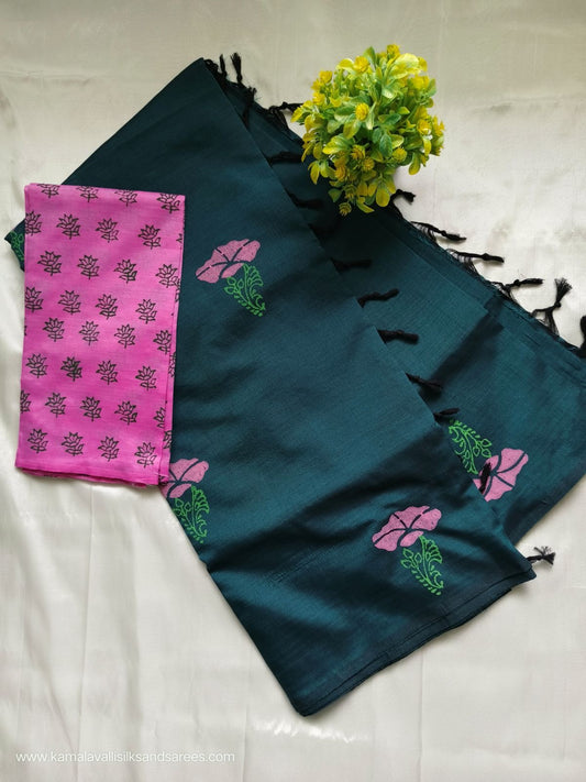 South Cotton Mix Block Printed Saree Peacock Green colour with Pink colour blouse