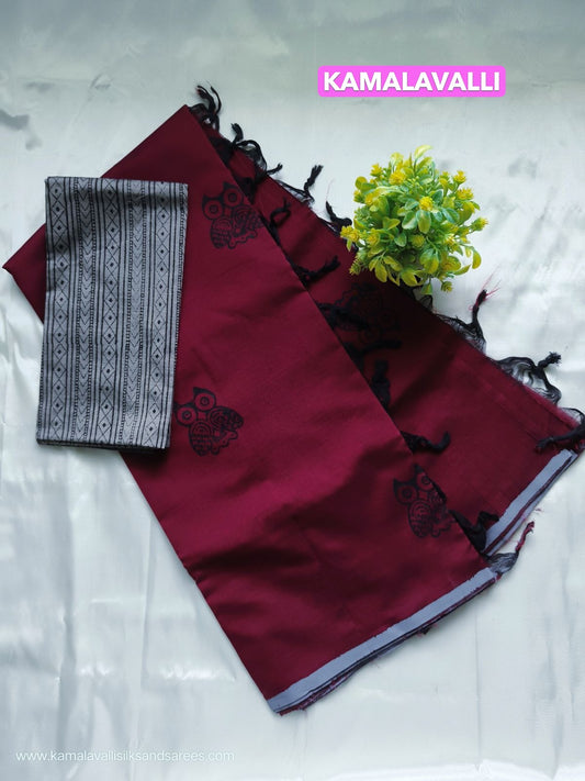 South Cotton Mix Block Printed Saree Maroon colour with Gray colour contrast blouse