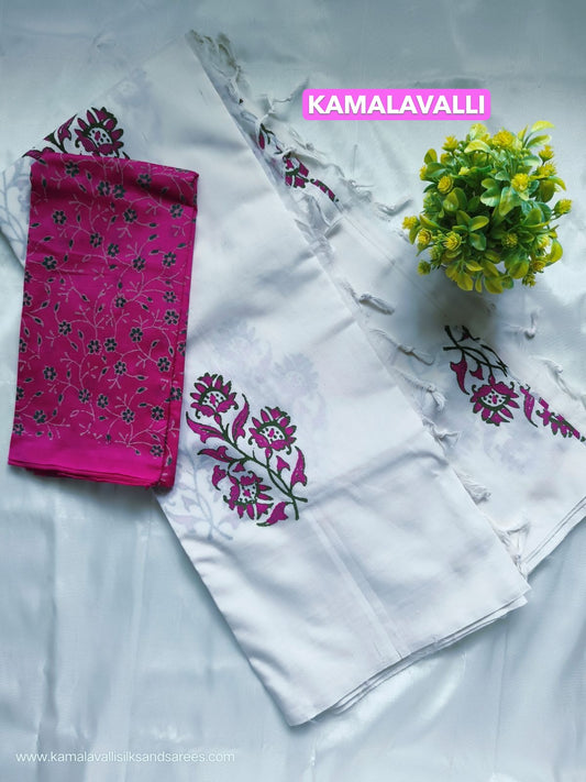 South Cotton Mix Block Printed Saree White colour with Rose colour contrast blouse