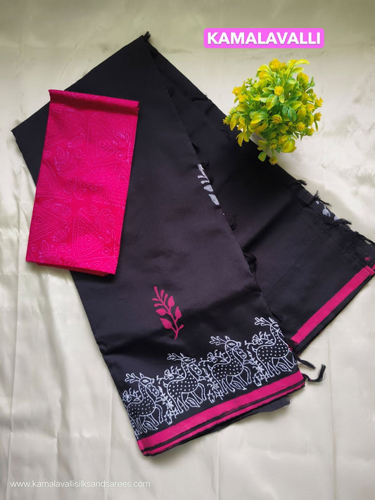 South Cotton Mix Block Printed Saree Black colour with Rose colour contrast blouse