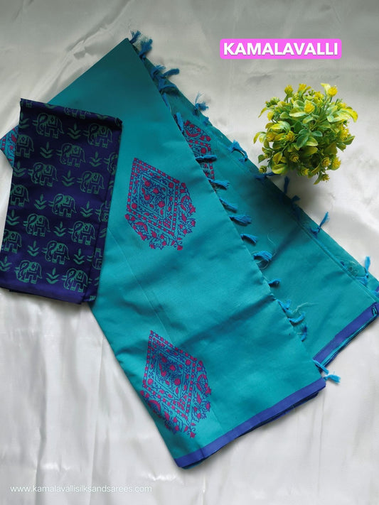 South Cotton Mix Block Printed Saree Teal colour with Royal Blue colour contrast blouse