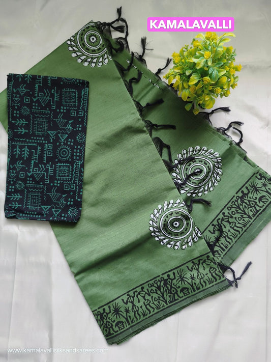 South Cotton Mix Block Printed Saree Green colour with Black colour contrast blouse