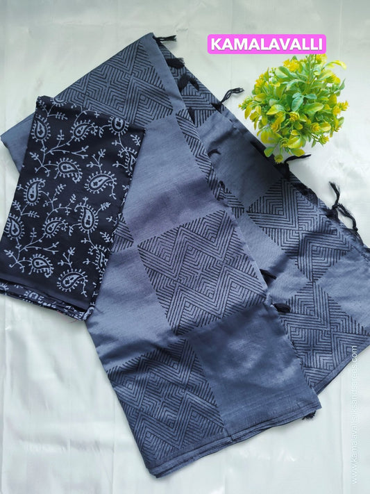 South Cotton Mix Block Printed Saree Charcoal Gray colour with Black colour contrast blouse