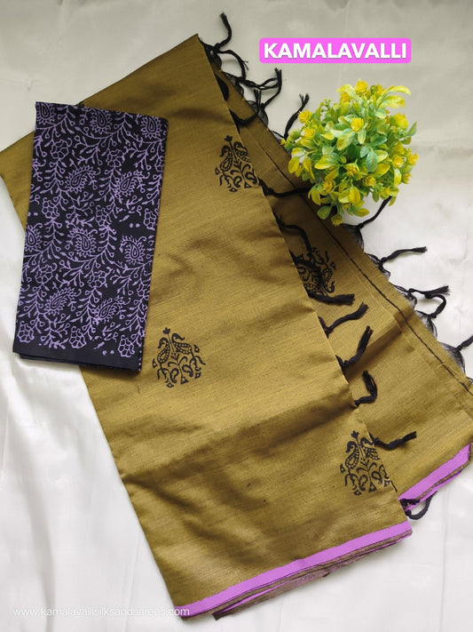 South Cotton Mix Block Printed Saree light mustard colour with Black colour contrast blouse