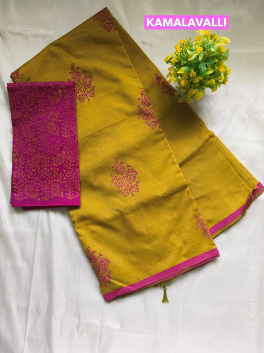 South Cotton Mix Block Printed Saree Mustard Yellow colour with Rose colour contrast blouse
