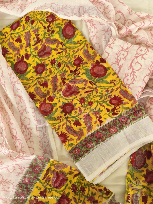 Linen Cotton Salwar Material  Hand Block Printed Yellow Colour