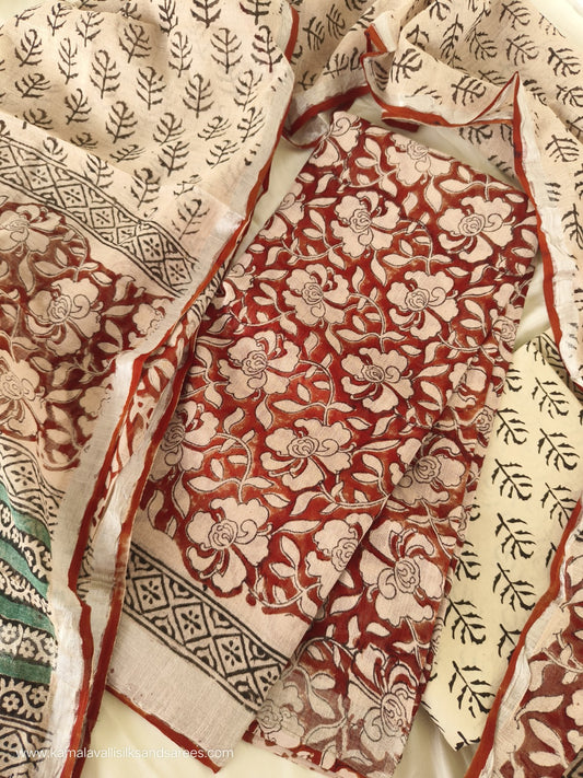 Linen Cotton Salwar Material  Hand Block Printed Red Colour