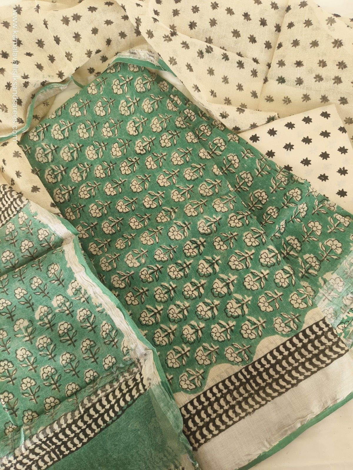 Linen Cotton Salwar Dress Material  Hand Block Printed Green Colour